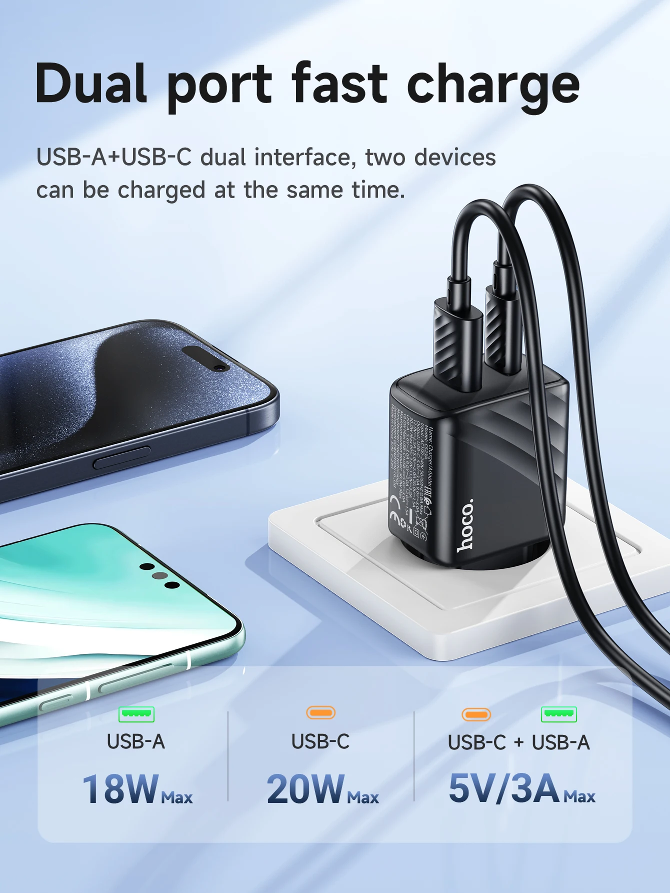 HOCO CS25A 20W USB Type C Charger PD Fast Charge QC 3.0 Quick Charge for iPhone 15/14/13/12 Pro Max Mini iPad Charging