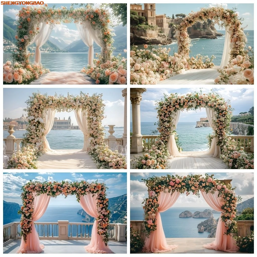 

Summer Seaside Wedding Photography Backdrop Nature Scenery Sea Flower Stand Birthday Party Bridal Shower Photocall Background