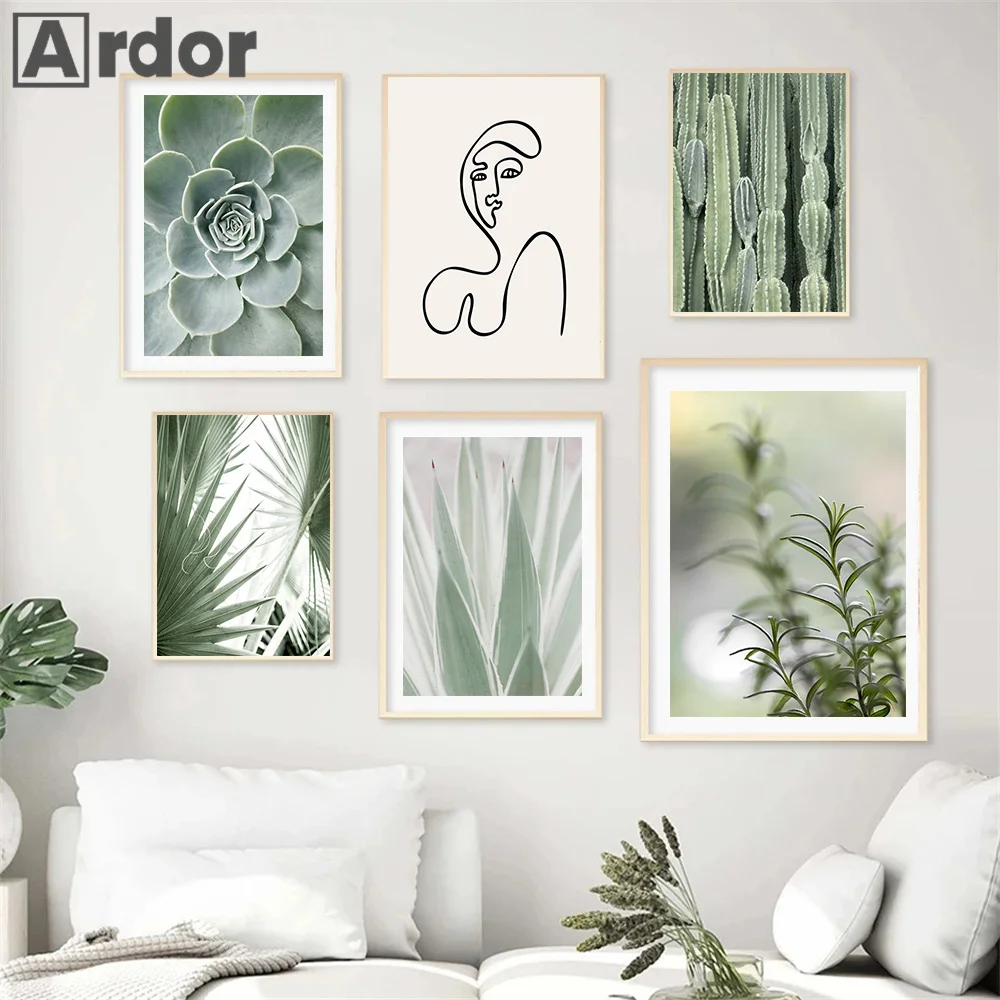 Green Leaves Plant Agave Cactus Line Geometry Wall Art Print Canvas AbstractPainting Nordic Poster Pictures Living Room Decor