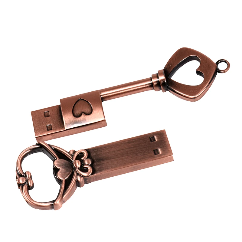 High-speed Metal Heart Shaped Key USB 2.0 Flash Drive 64GB Copper Love Pen Drive 32GB Memory Stick Fashion Business Gift U Disk