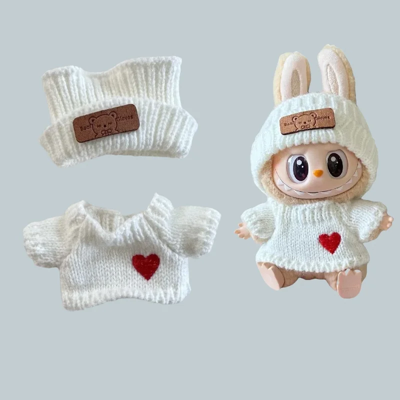 Cute Labubu Bunny Doll Accessories with Knitted Clothes Rabbit Ears Hat Heart Sweater for Toy Collectors Labubu Clothes