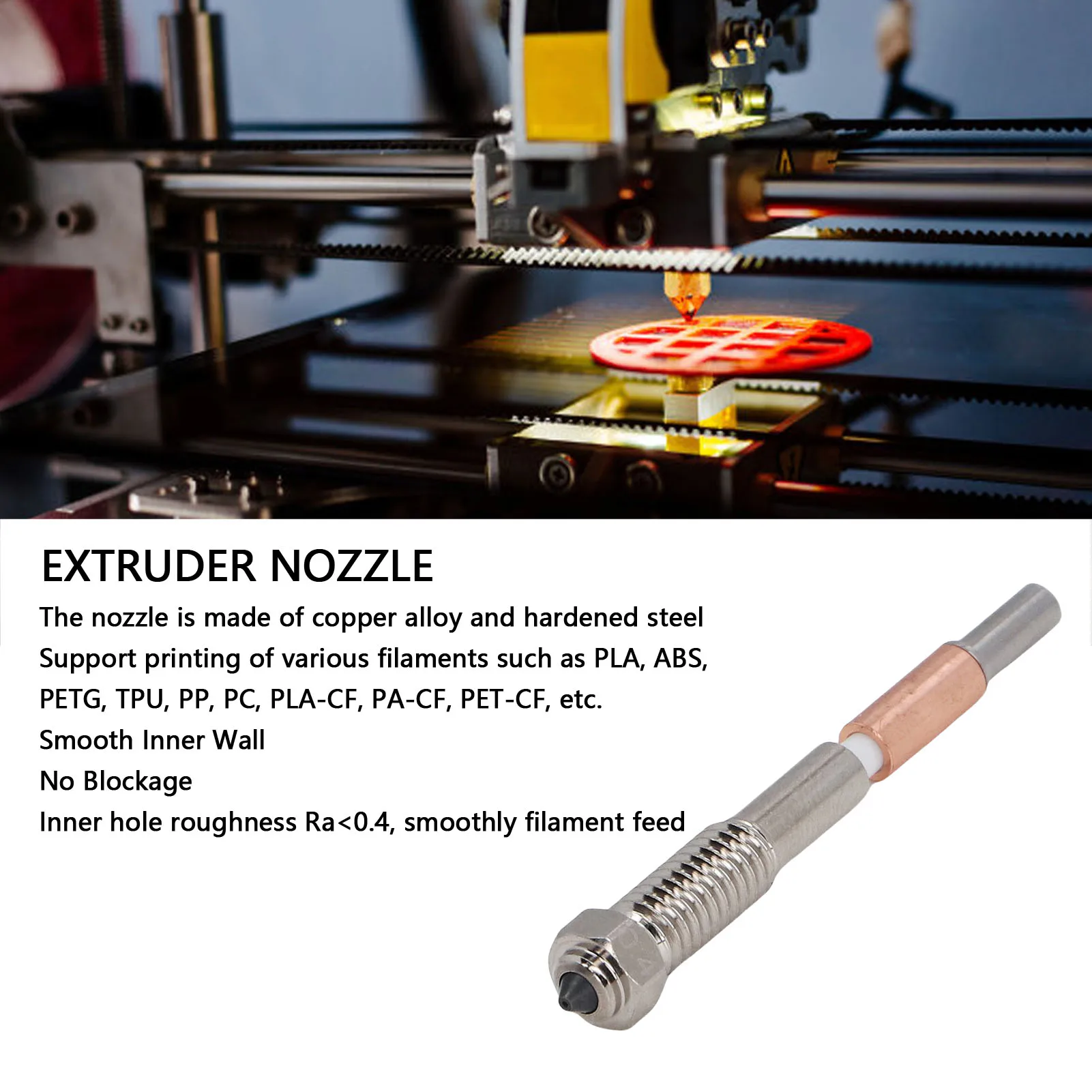 

Быстросменное сопло Плотно приспособление Встроенное сопло и теплоразрыв Гладкая внутренняя стенка Закаленная сталь Медный сплав 0,4 мм для 3D-принтера