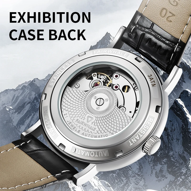 MARK FAIRWHALE Men's Mechanical Watch Automatic Movement Small Second Dial Genuine Leather Strap Business Male Wristwatch