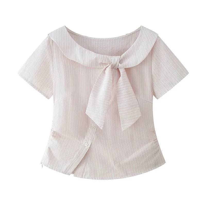 Blusa de mujer a rayas con lazo y cuello marinero, manga corta, botones irregulares, corte ajustado, estilo casual y cropped