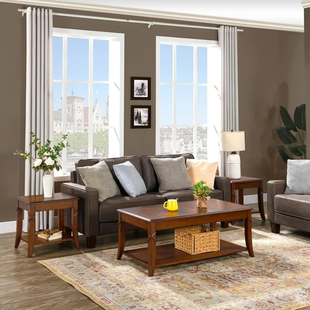 Solid Wood Coffee Table with Storage Shelf, Mid-Century Living Room Tables with Carved Tabletop and Leg, 43.3” Splicing Cocktail