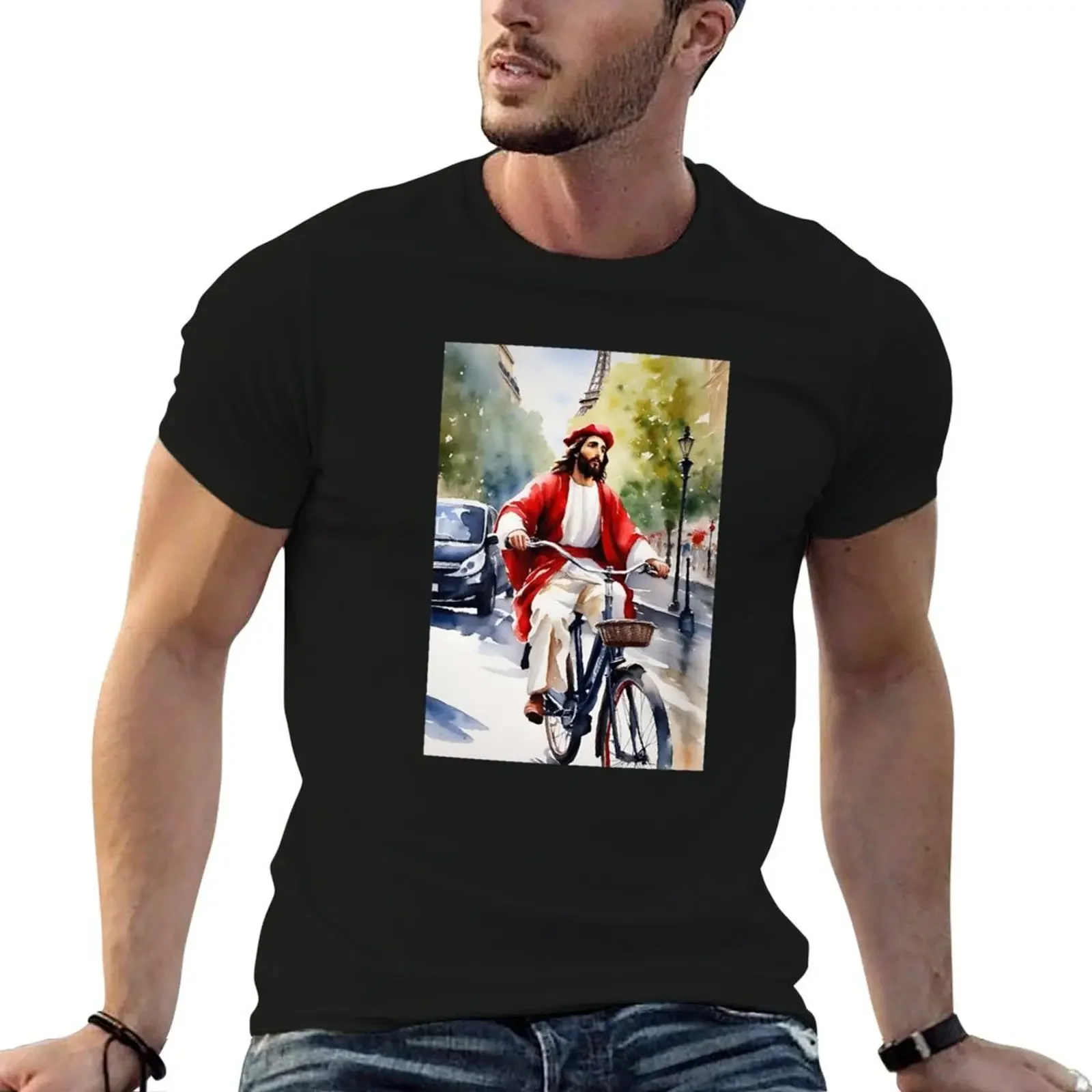 Cruising with Christ: Whimsical Bicycle Joy in Paris…Art By Carraann T-Shirt shirts graphic mens big and tall t shirts