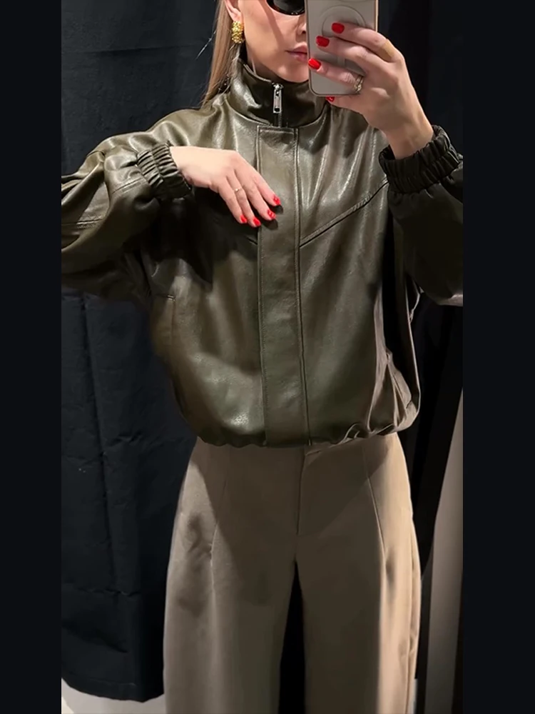 Giacca bomber da strada in ecopelle da donna colletto alla coreana cerniera tasca a maniche lunghe cappotto solido femminile tagliente casual capispalla da donna 2026