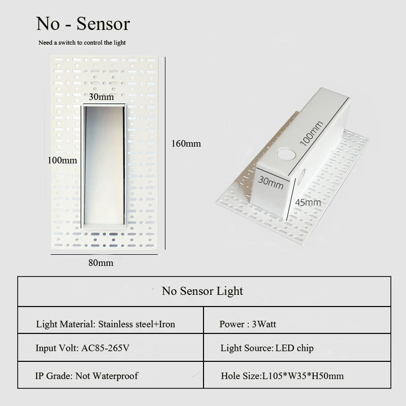 Ingebouwde frameloze LED-stap- en trapwandlampen 3W bewegingssensor binnen slaapkamer ladder foyer hoek intelligent nachtlampje 100-240V