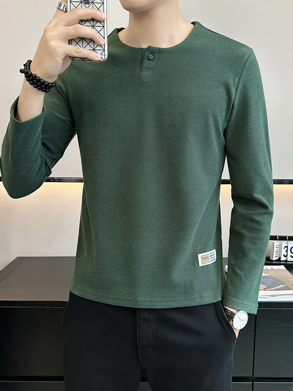 

Men's Long Sve T-irt round Ne Double-sided Velvet Pure Color One-button Base irt Inner Wear Casual Sle Polyester F...