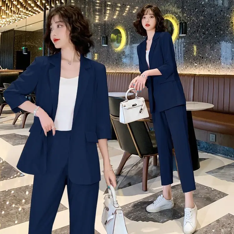 Korean Style Summer Unlined Thin Jacket Blazers Pencil Pants Two-piece Elegant Women\'s Office Casual Suit Set