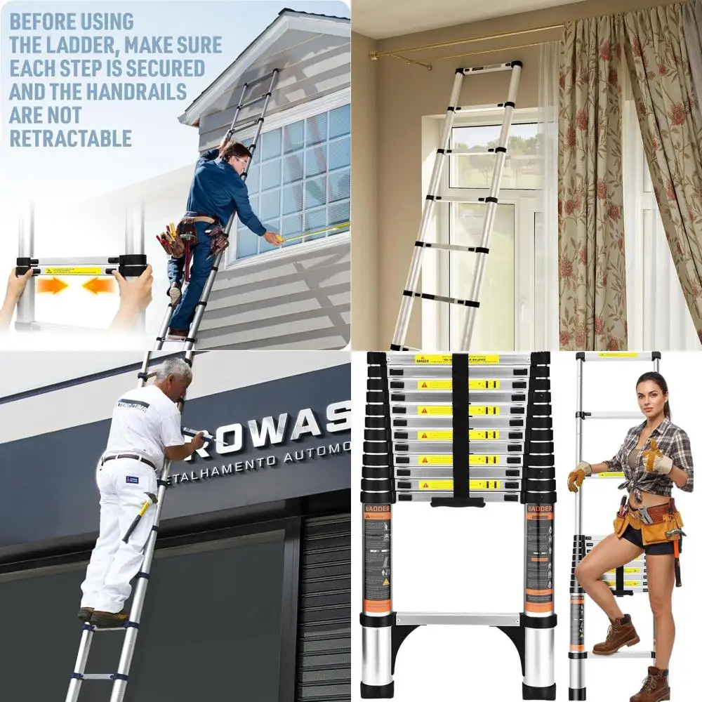 Escalera telescópica de aluminio de 12,5 pies: cerradura de seguridad, liviana para el hogar, el techo, el ático, al aire libre, capacidad de carga de 330 libras (plata)