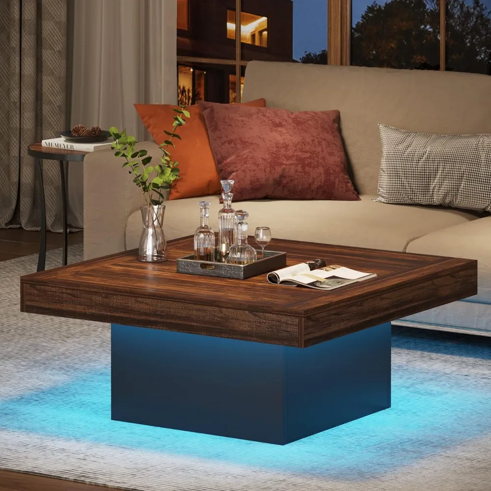 

Square LED Coffee Table, Engineered Wood Low Coffee Table, Center Table for Living Room, Rustic Brown & Black, Free Shipping