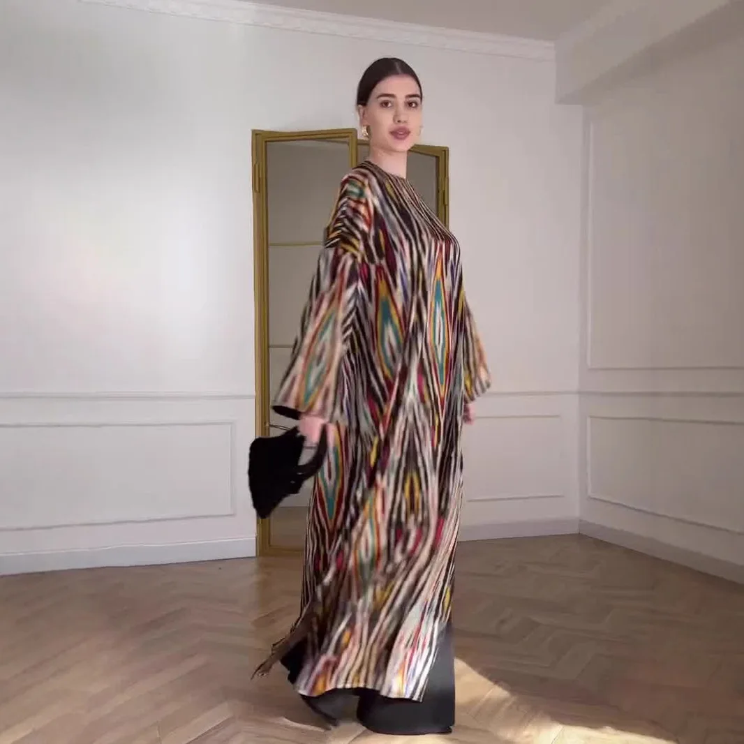 Spring Fall Sun Protection Printed Long Dress Women Urban Casual Loose Round Neck Long-Sleeved Dress European American Style