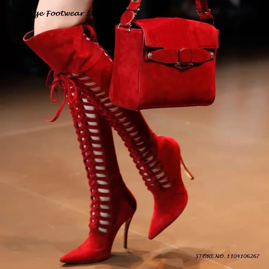 

Замшевые сапоги выше колена с перекрестной завязкой, пикантные высокие сапоги с острым носком на тонком каблуке, модные современные сапоги на подиуме со шнуровкой
