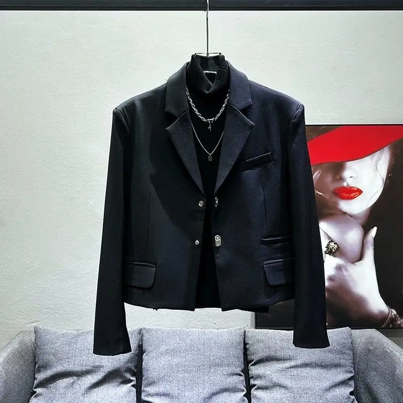 Korean Inspired Edgy Cropped Blazer Men irregular Buttons Faux Flap Pockets & Notched Collar Oversized Casual Streetwear