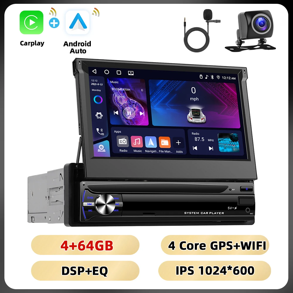Podofo Intrekbaar Scherm Autoradio 7 ''1Din Android Autoradio 4 + 64G Carplay Android Auto Bluetooth WIFI GPS FM/RDS Autoradio