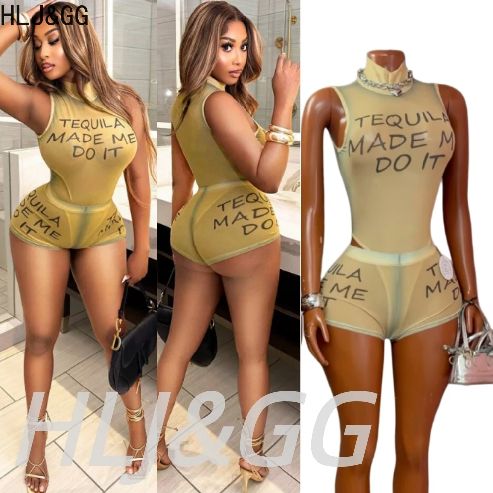 HLJ&GG Fashion Mesh Letter Print Bodysuits Two Piece Sets Women Sleeveless Slim Top And Shorts Outfit Sexy See Though Streetwear