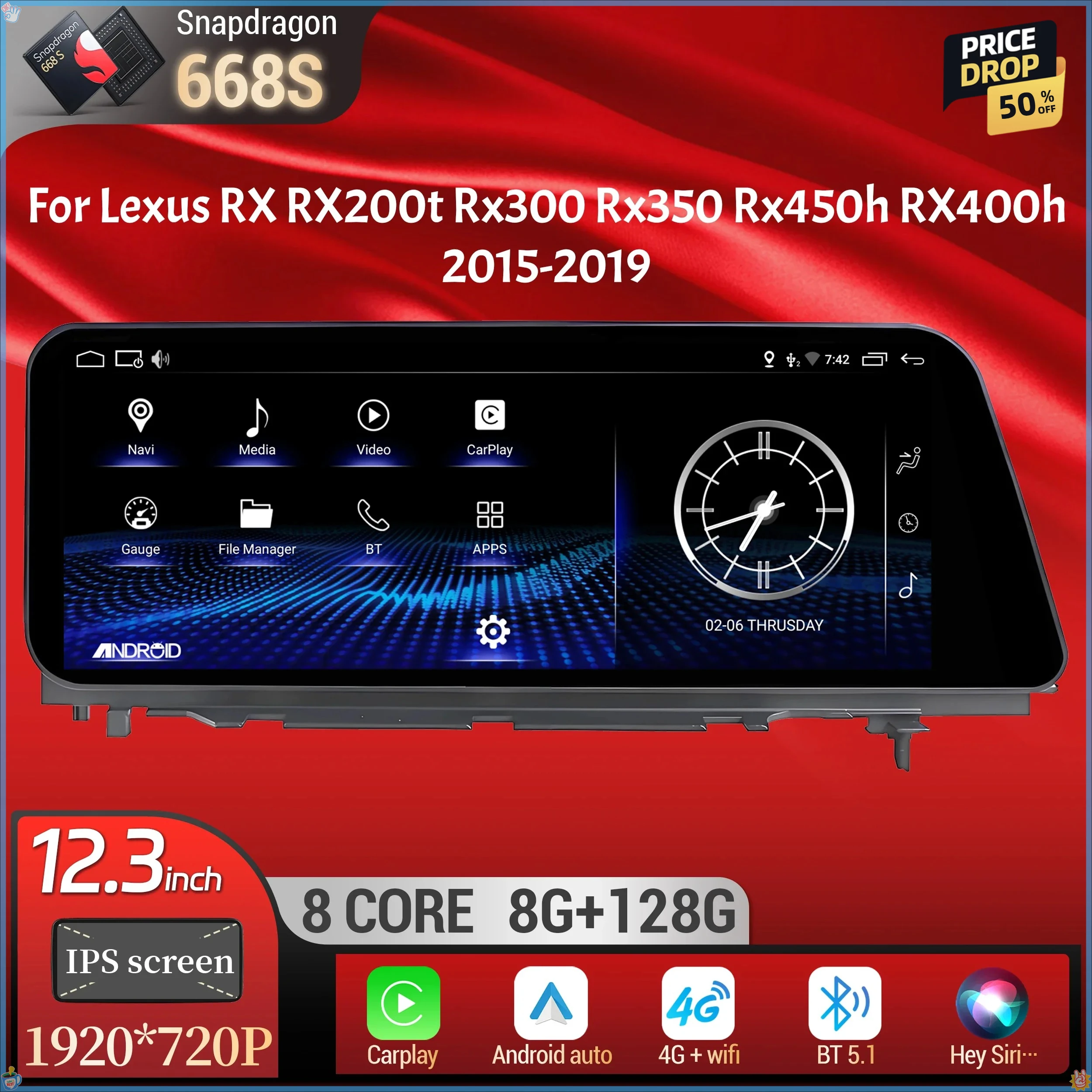 12.3inch Car Radio Multimedia Navigation CarPlay Snapdragon 668S Screen For Lexus RX RX200t Rx300 Rx350 Rx450h RX400h 2015-2019