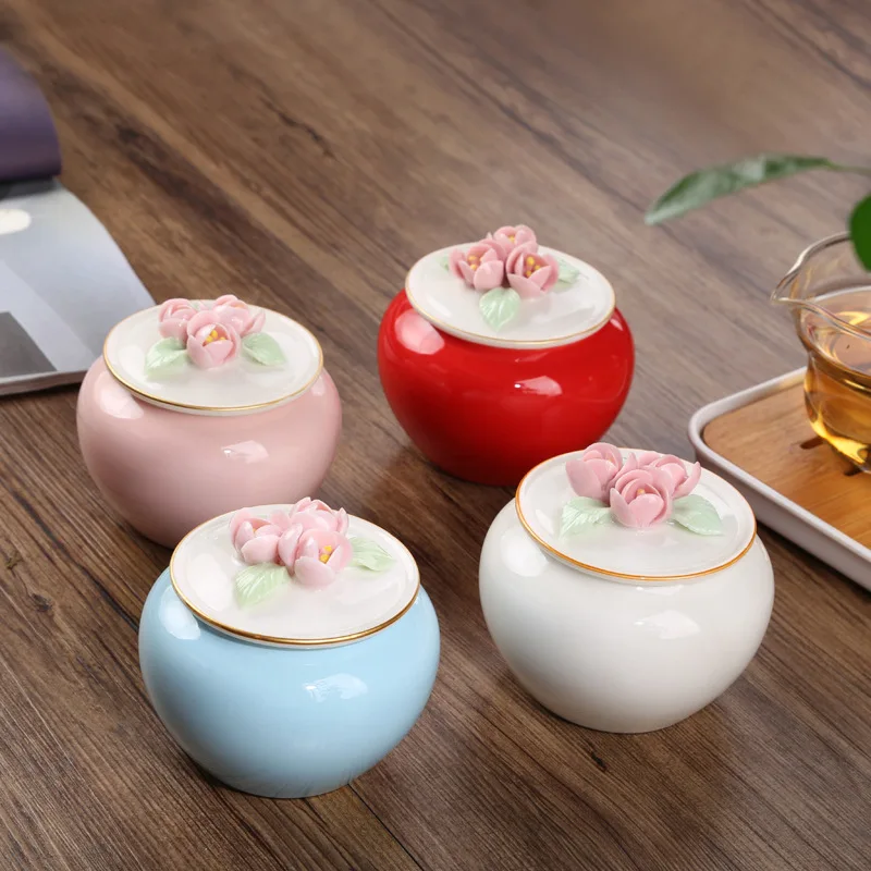 

Creative Sweet Ceramic Tea Canister Moisture-proof Sealed Handmade Flower-shaped Powder Canister Flower Tea Sugar Canister