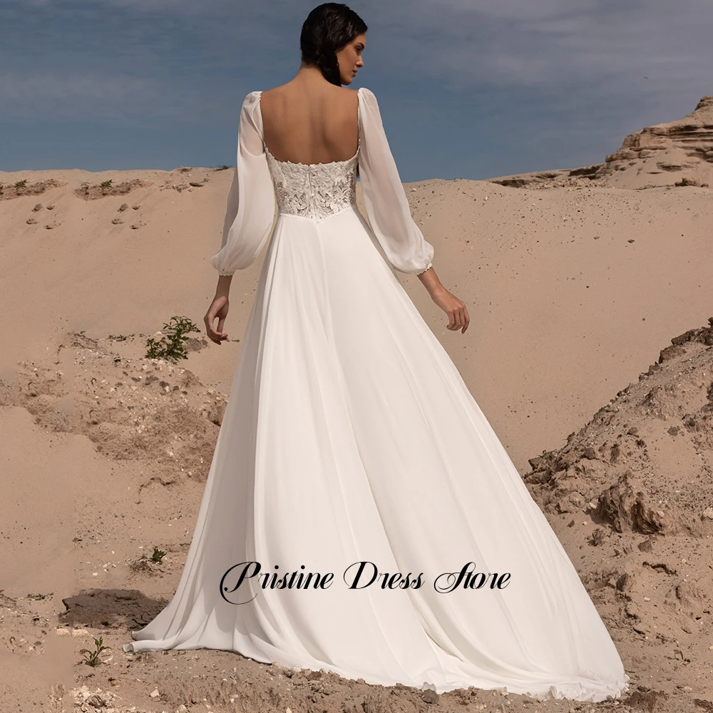Bohemian Beach Wedding Dress Customized Women Appliques Lace Square Neckline Long Sleeves Side Slit Chiffon Civil Bridal Gowns
