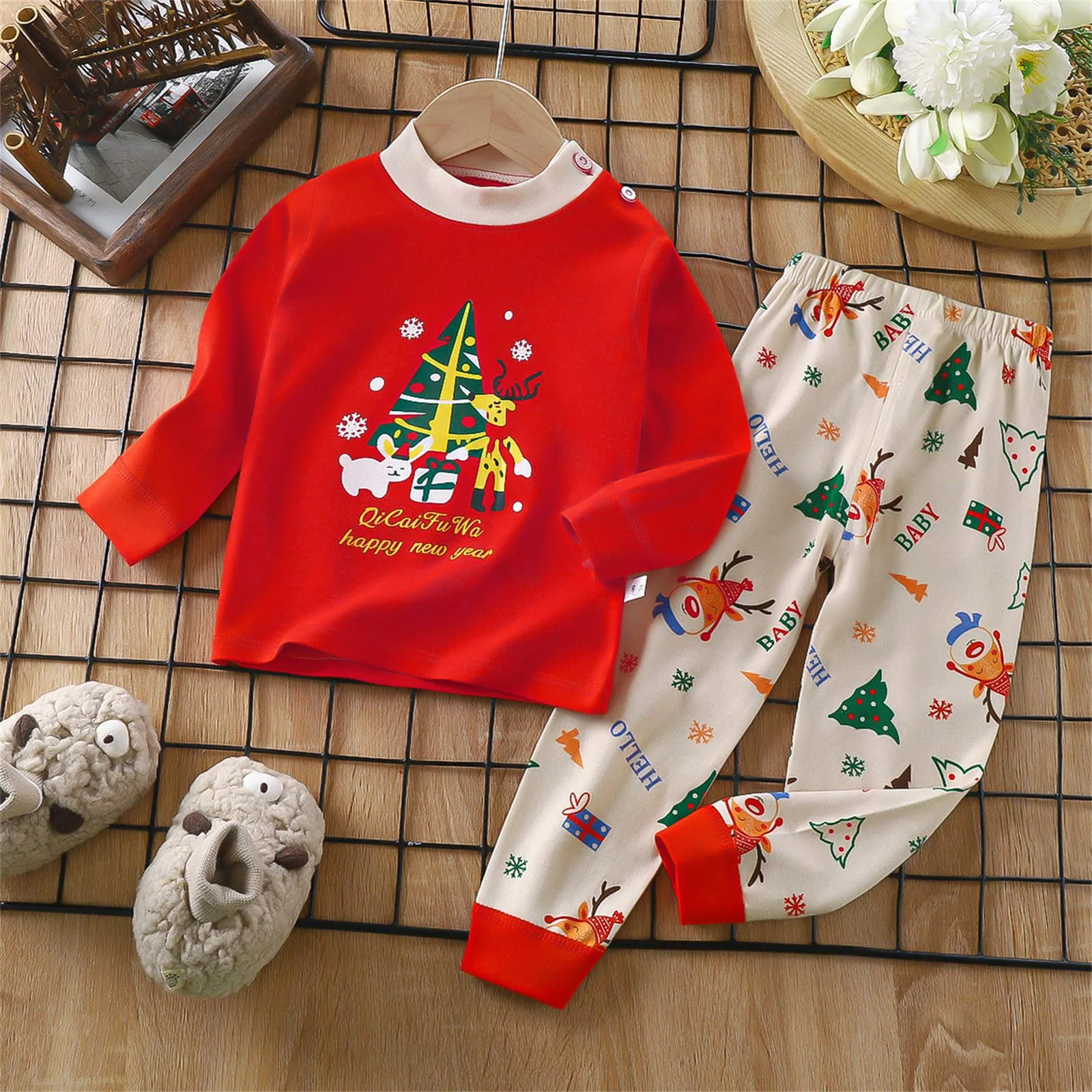 Christmas Cute Printed Baby Underwear Suit Autumn Clothing Long Sleeve Pajamas 2pc/set Toddler Costume Cotton Soft Home Clothes