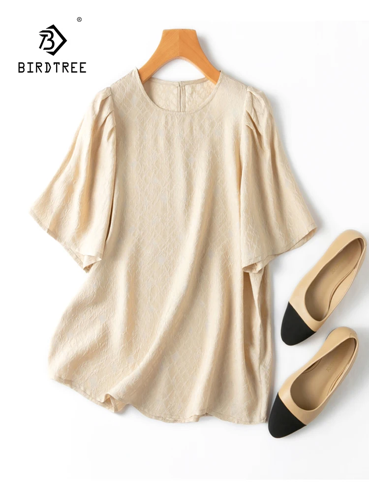 

BirdTree, 100%Real Silk Elegant T-Shirt, Women Puff Sleeve O Neck Solid, Temperament Basic Commute Tops, 2024 Summer T44539QC