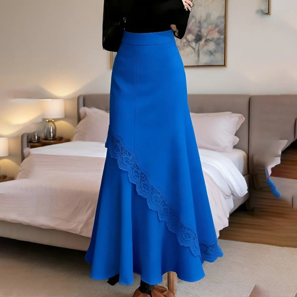 Blue lace skirt spring new French style women's senior age reduction design unique and beautiful a-word skirt