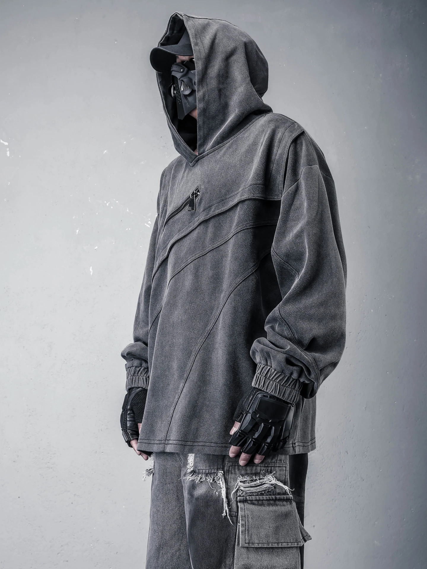 Waste Soil Wind Worn Looking Washed-out Patchwork Hoodie Dark High Street Function Workwear Denim Jacket Men