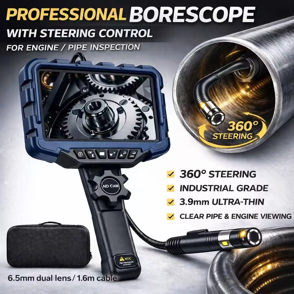 7” HD Inspection Camera 360° Steering Borescope 3.9mm/6.2mm/6.5mm IP67 Waterproof for Auto Pipe Wall Inspection