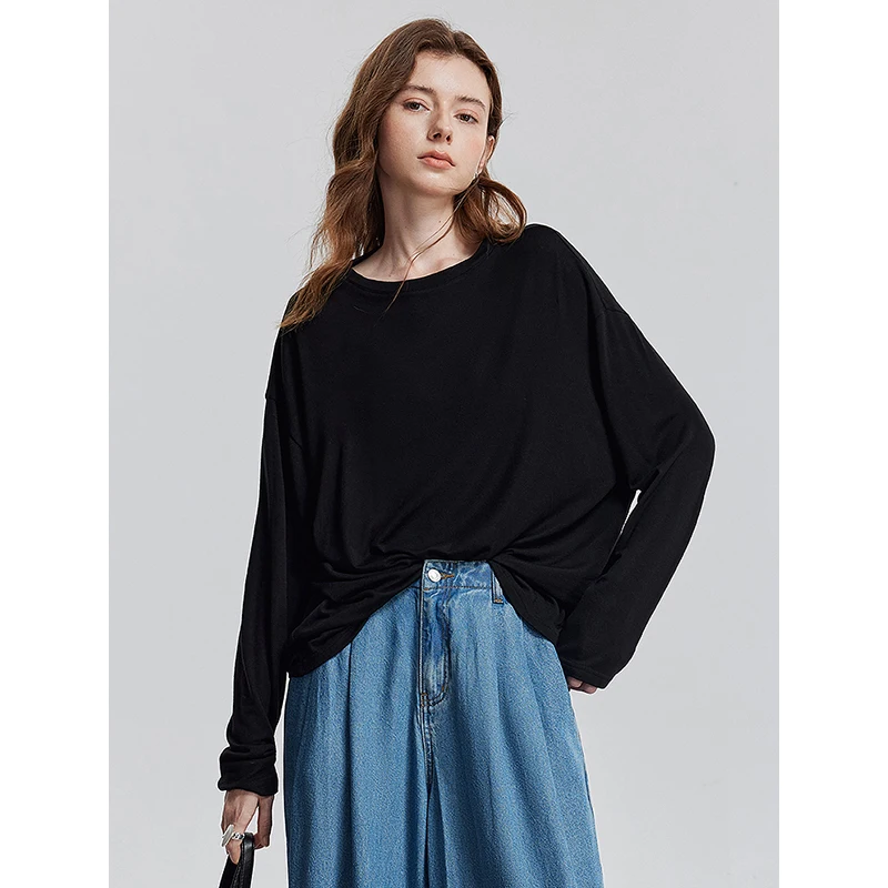 TOYOUTH المرأة كم طويل تي شيرت 2025 ربيع جديد ليوسيل الصوف تنوعا نقية بلوفر ملون الجلد الأساسية القمم