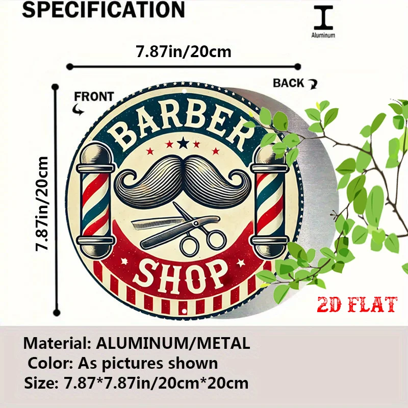 2D Flat, 2D Flat 1pc Shop Logo Metal Sign, Mustache Design Round Sign, Barber 7.8X7.8Round Sign -  Style Rustic Metal Wall Art,