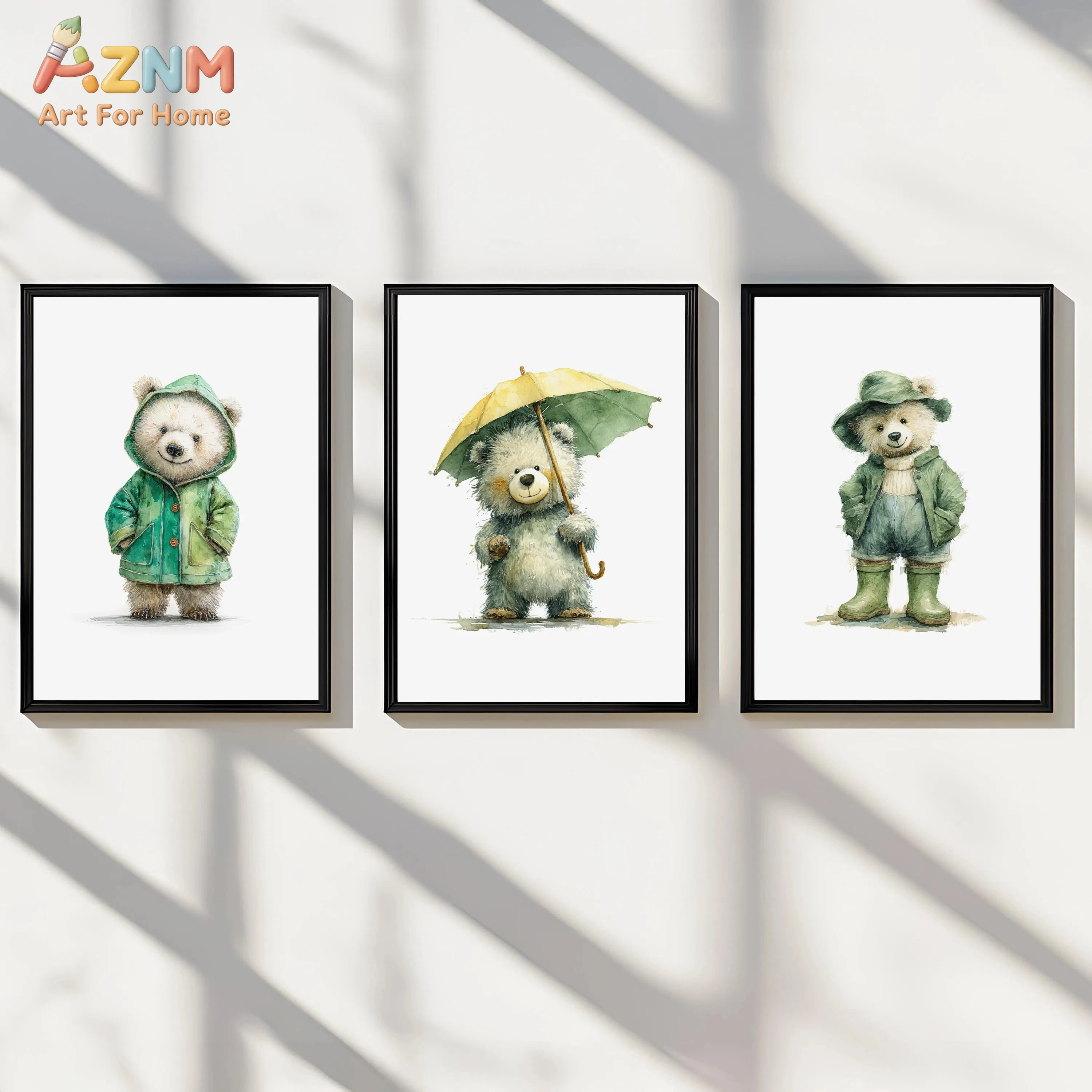 3PCS Watercolor Cute Teddy Bear Canvas Wall Art Prints Set, Adorable Bears in Green Raincoat and with Umbrella Nursery Decor Pos