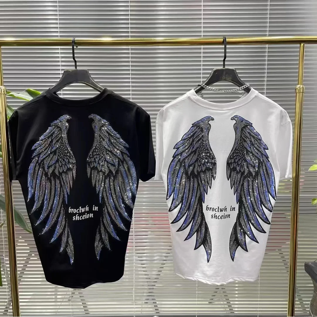 L-4XL Plus Size T-shirts for Women Wings Rhinestone Loose Summer Short Sleeve Tops Casual Women Clothing Занзеа Женская Одежда