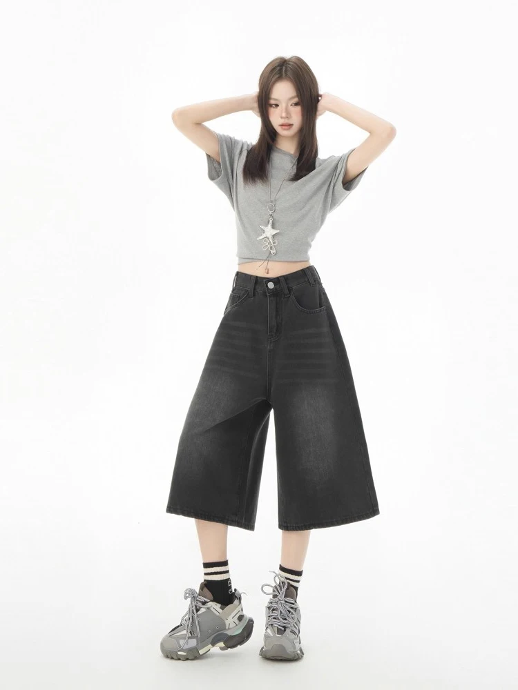 REDDACHiC Acubi แฟชั่นผู้หญิงเบอร์มิวดากางเกง Clean Fit Casual PLAIN หนวดขากว้างสีดํา Jean กางเกงขาสั้น Punk VINTAGE Streetwear