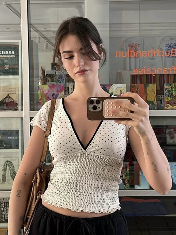 

Sisterlinda Spring Release Junior Fashion Leisure Sexy High Street T-shirt K25L73166 Girl Solid Dot Slim V-Neck Cleavage T-shirt