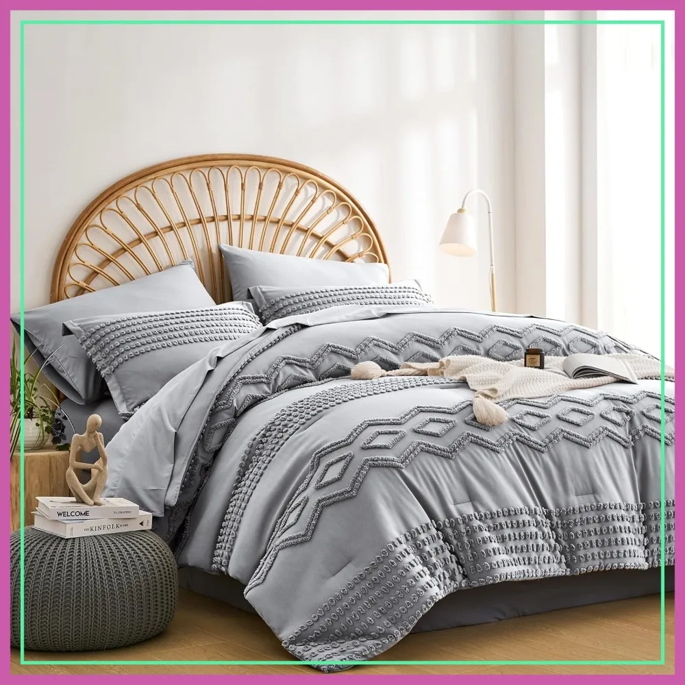 

Grey Tufted Comforter Set King Size 7 Piece Bed in a Bag, Shabby Chic Boho Pom Pom Textured Bedding Set for All Season