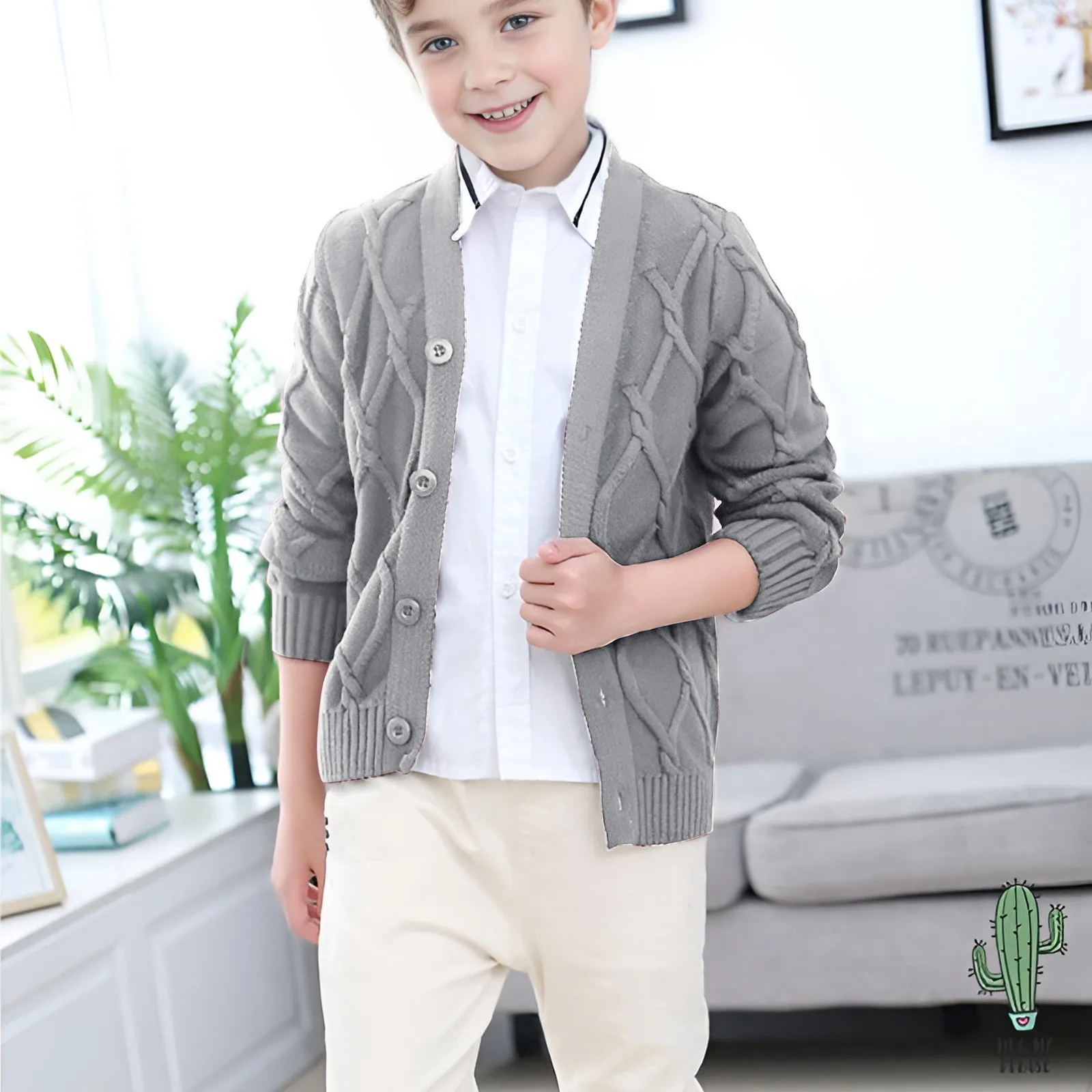 Hot Sales Spring Autumn Boys Sweater Solid Color Keep Warm Knitting Jacquard Weave V-neck Cardigan For 2-10 Years Old Kids