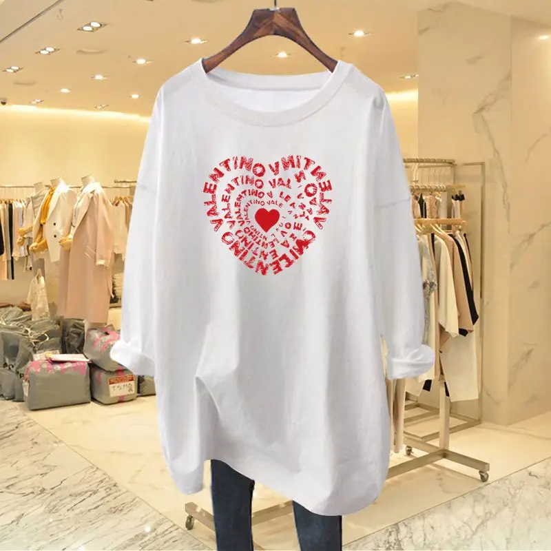 Women Clothing American Vintage Hand-Painted Print T-shirt Spring Autumn Fashion Casual O-neck Long Sleeve Top Tees 35-100Kg