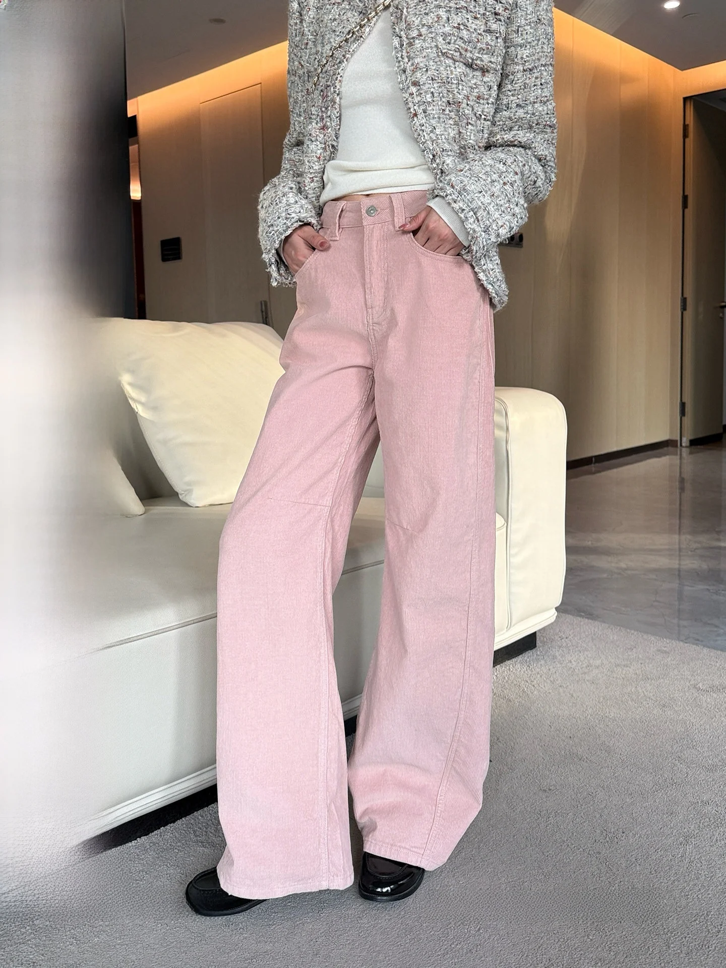 

Высококачественные женские широкие брюки из вельвета, розовые, 99% хлопок, удобные повседневные брюки, утягивающие, с высокой талией, на молнии