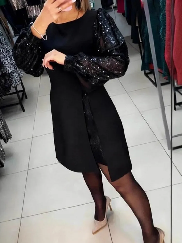 2026 Spring Autumn Fashion Solid Color Retro Party Dresses Women Sexy Black Office Lady Casual Sequin Long Sleeve Mini Dress