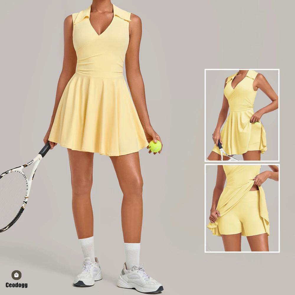 No Pad Polo V Neck Yoga Set High Stretchy Fitness Skorts Tummy Anti Shorts Skirts Gym Clothing Activewear Tennis Dress XP388