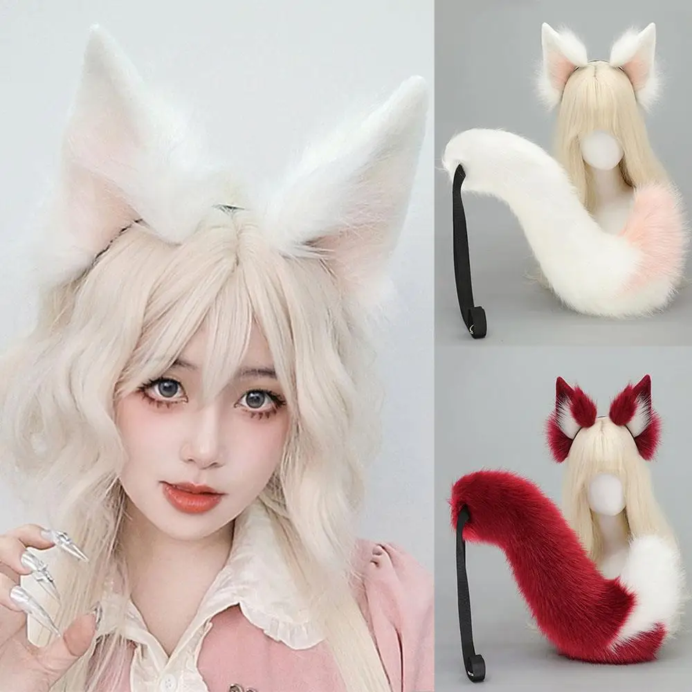 

Anime Cosplay Tail Headwear Plush Color Block Tail Red Fox Furry Ears Headband White Fox Ears Hair Hoop Cute Fluffy Animal Ears
