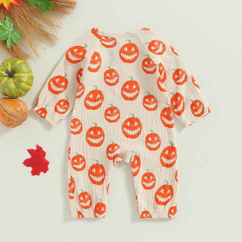 

Toddler Boys Halloween Costume Pumpkin Print Long Sleeve Romper Crew Neck Infant Jumpsuit Fall Bodysuit Party Outfit for Baby