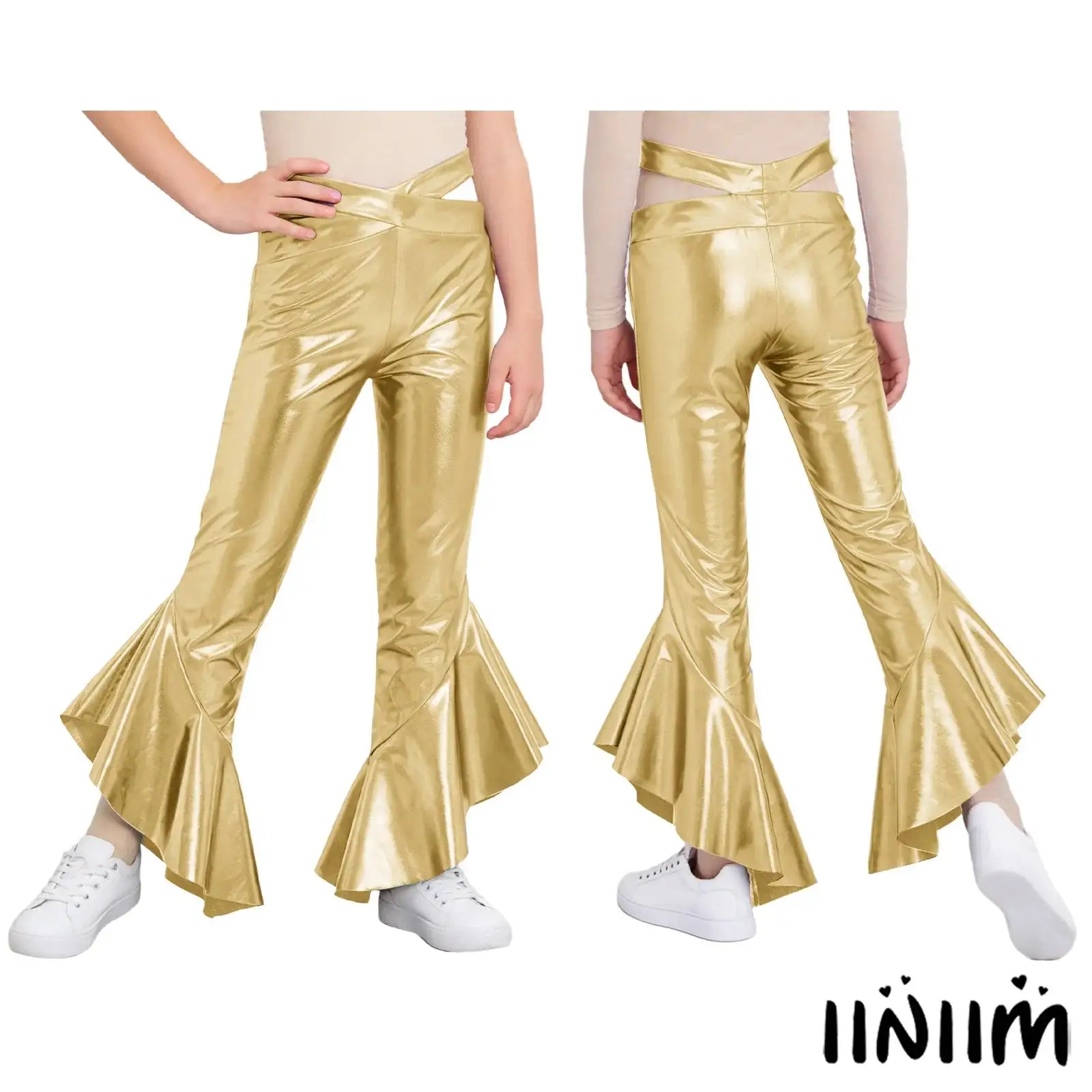 

Kids Girls Disco Jazz Dance Pants Metallic Flared Pants Cross Waistband Ruffles Bell-Bottom Trousers Hip Hop Street Dance outfit