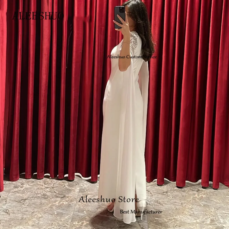 Aleeshuo Classic Arabia White Prom Dress Shiny Beaded Formal O-Neck Cap Sleeve Evening Dress Ankle-Length Tiered Party Dress