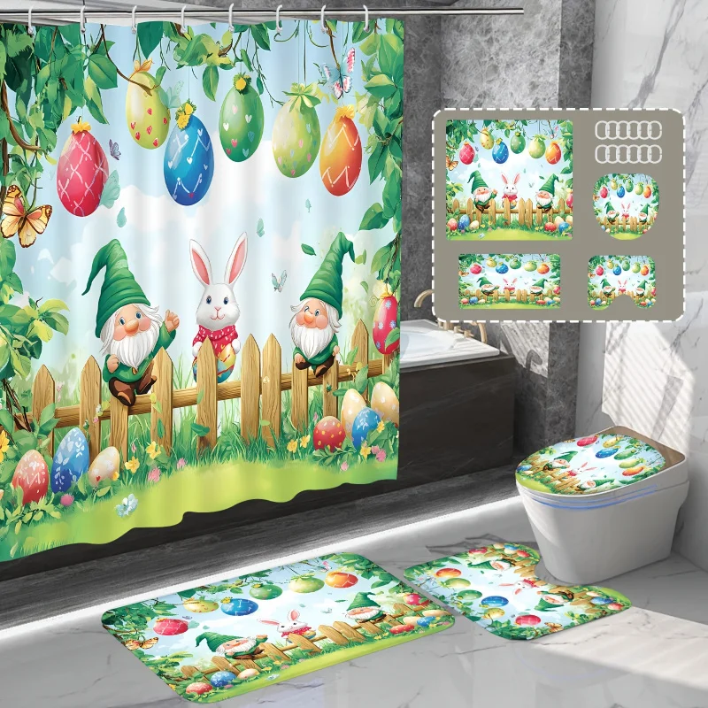 1pc/4pcs Happy Easter Bunny Butterfly Shower Curtain, Non-slip Floor , Toilet Seat Cover, U-shaped Mat Set, 12 Hooks Free, Wa