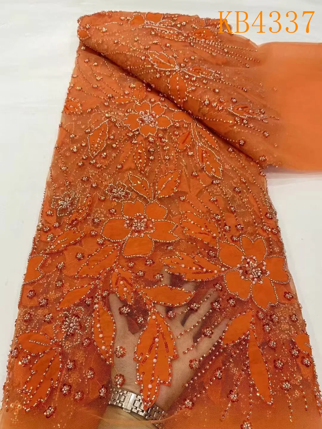 

Luxury Burnt Orange Beaded Lace Fabric Embroidered Dubai New 2024 Grey Lace Fabrics 5 Yards Sequins Beads Lace For Sewing KB4337