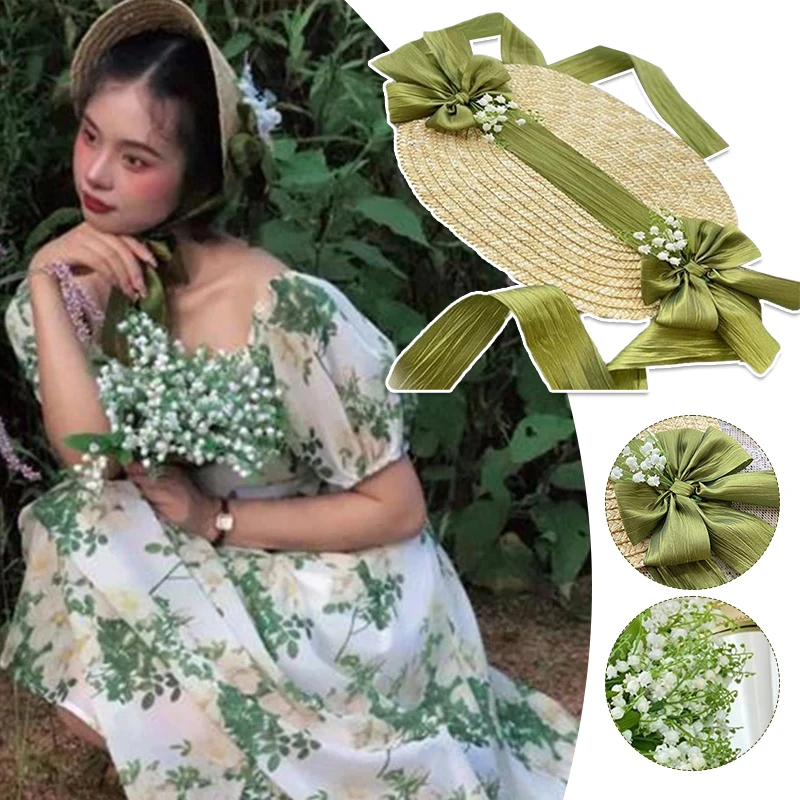 Women Victorian Wedding Tea Party Bonnet Handmade Lolita Retro Green Flower Bow Beach Sun Straw Weaving Hat French Pastoral Cap