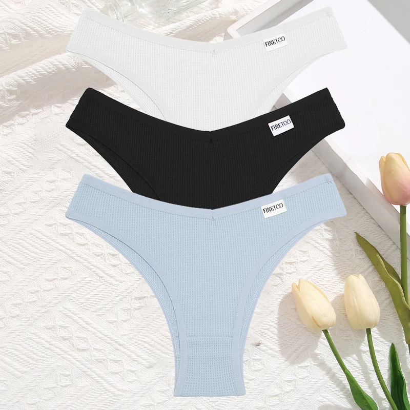 3 Teile/satz Frauen Sexy Waffel Plaid Baumwolle Brasilianische Höschen Niedrige Taille V Form Bikini Unterwäsche Weiche Atmungsaktive Weibliche Dessous