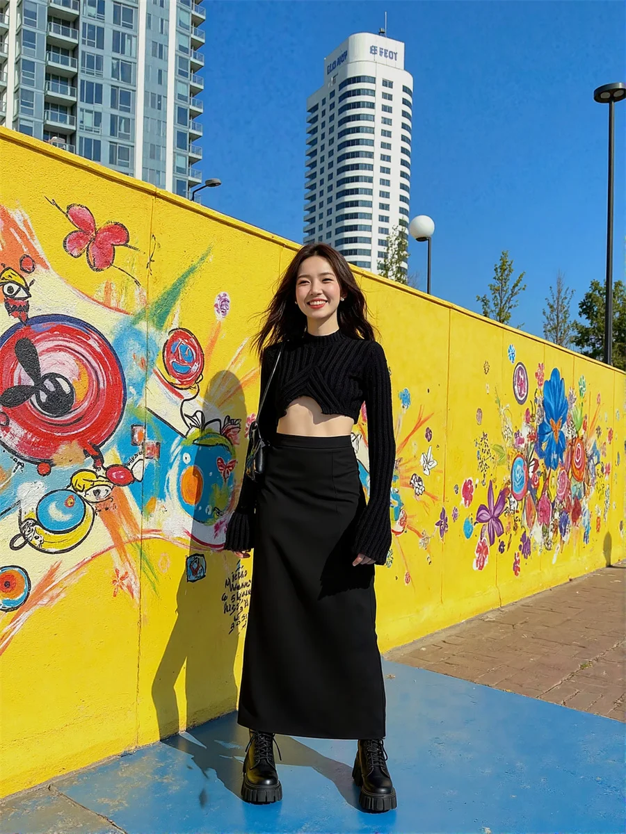 Saias femininas ajuste regular preto especial longo maxi saia feminina roupa diária solta conforto tecido adequado textura estiramento suave